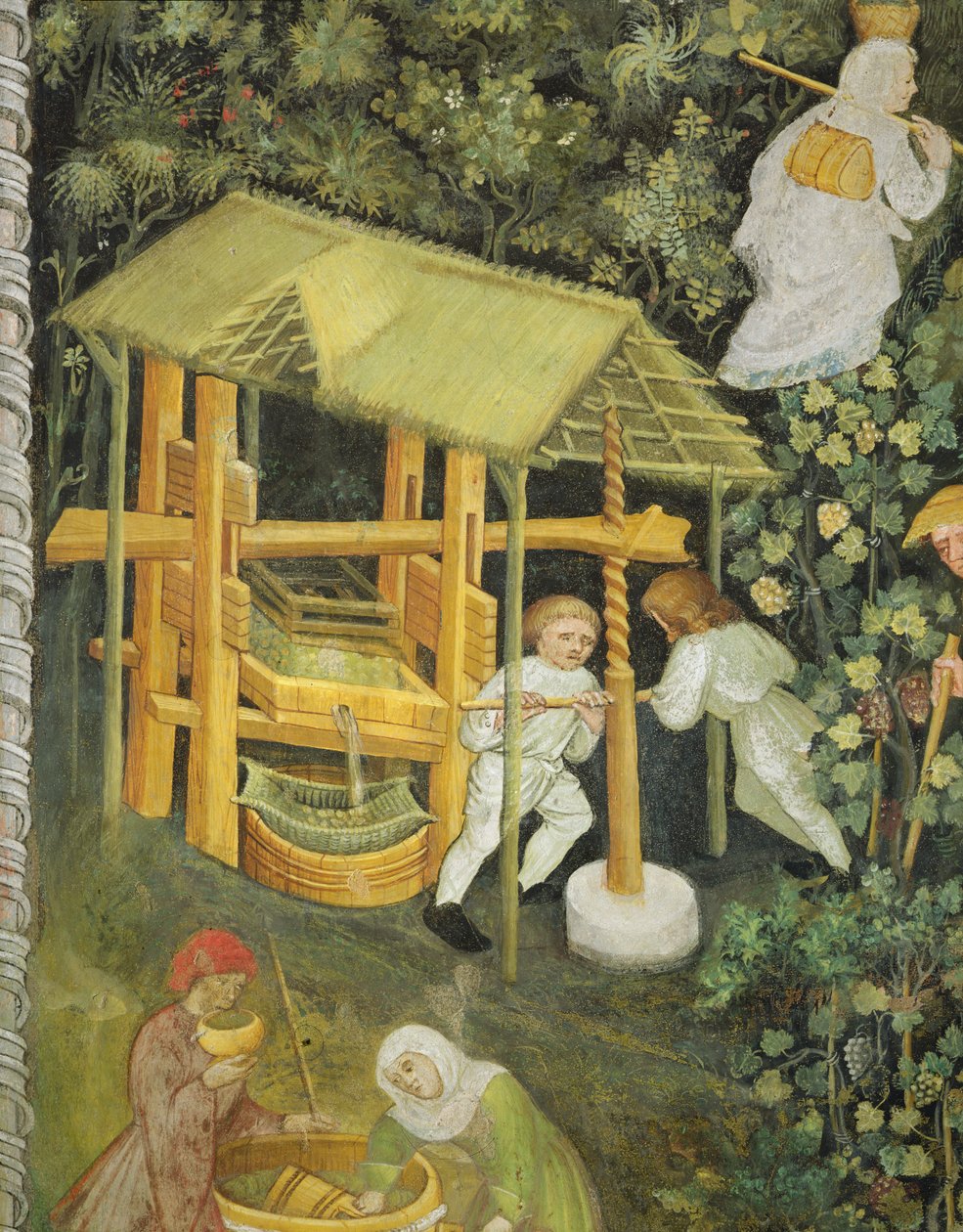 ぶどうをつぶす。 ワインプレス（フレスコ画） 作： イタリア語学校