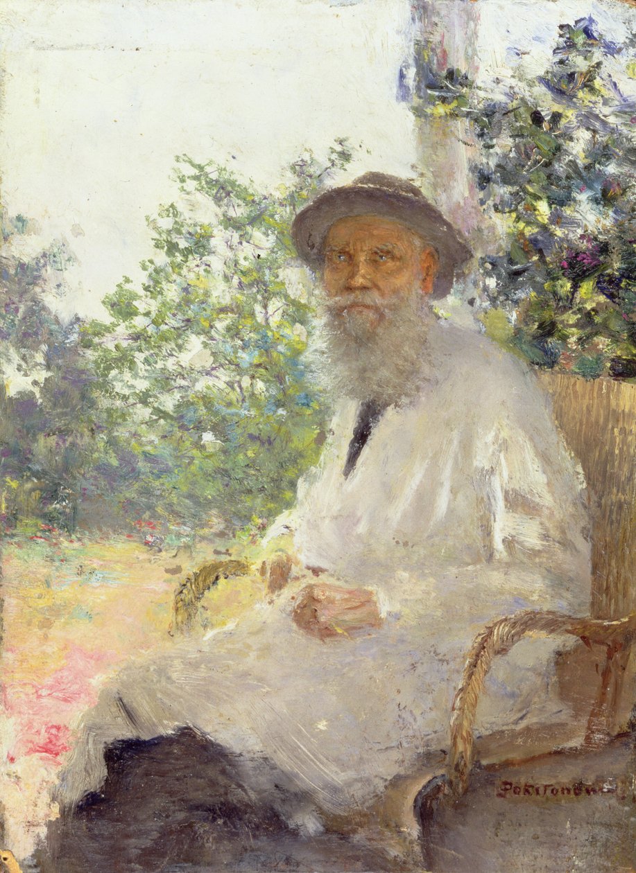 テラスでのレフニコラエヴィッチトルストイ（1828〜1910年）の肖像、1905年 作： イワン・ポキトノフ