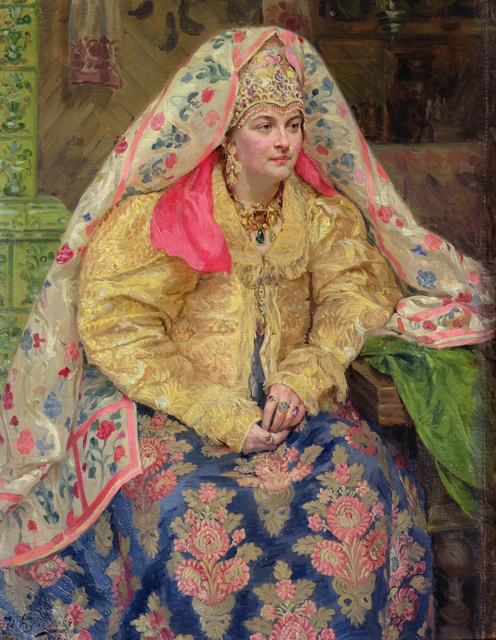 古いロシアのドレスを着た女性、1916年 作： イワン・セミョーノヴィッチ・クリコフ