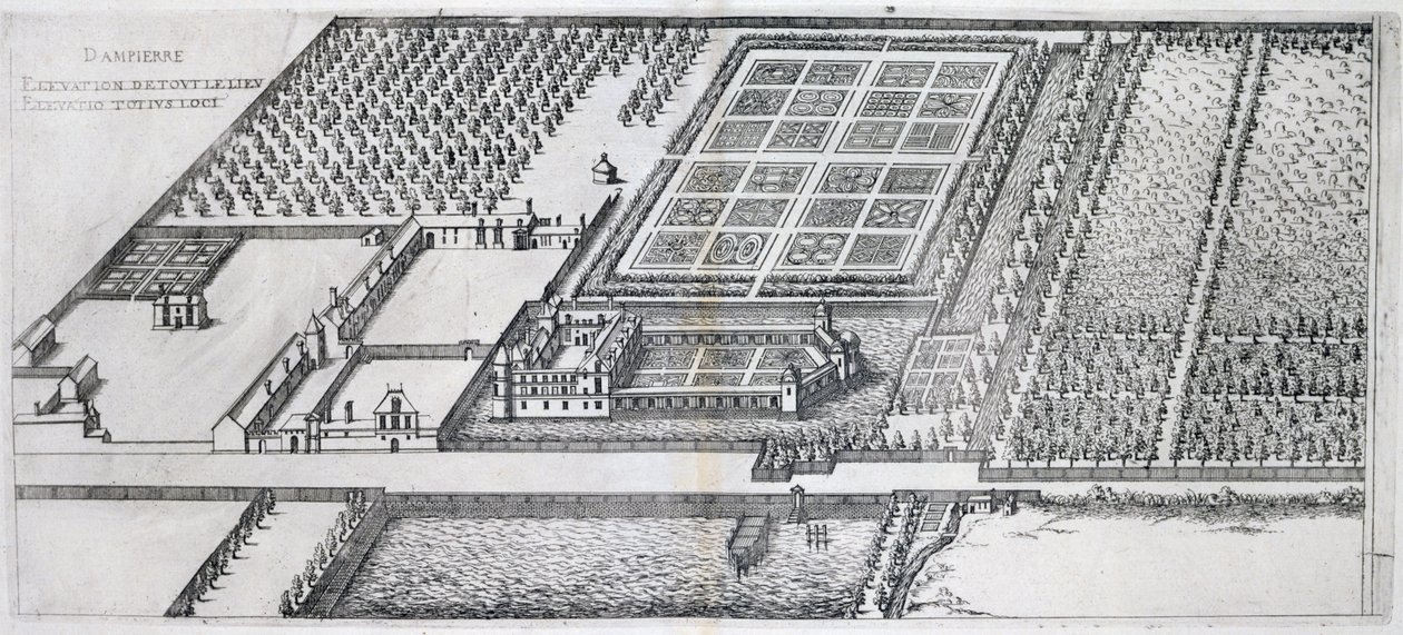 1570年代に公開された &39;Les Plus Belles Bastiments de France&39;からのこの地所の眺め、ダンピエール城 作： J.アンドルーエデュセルソー