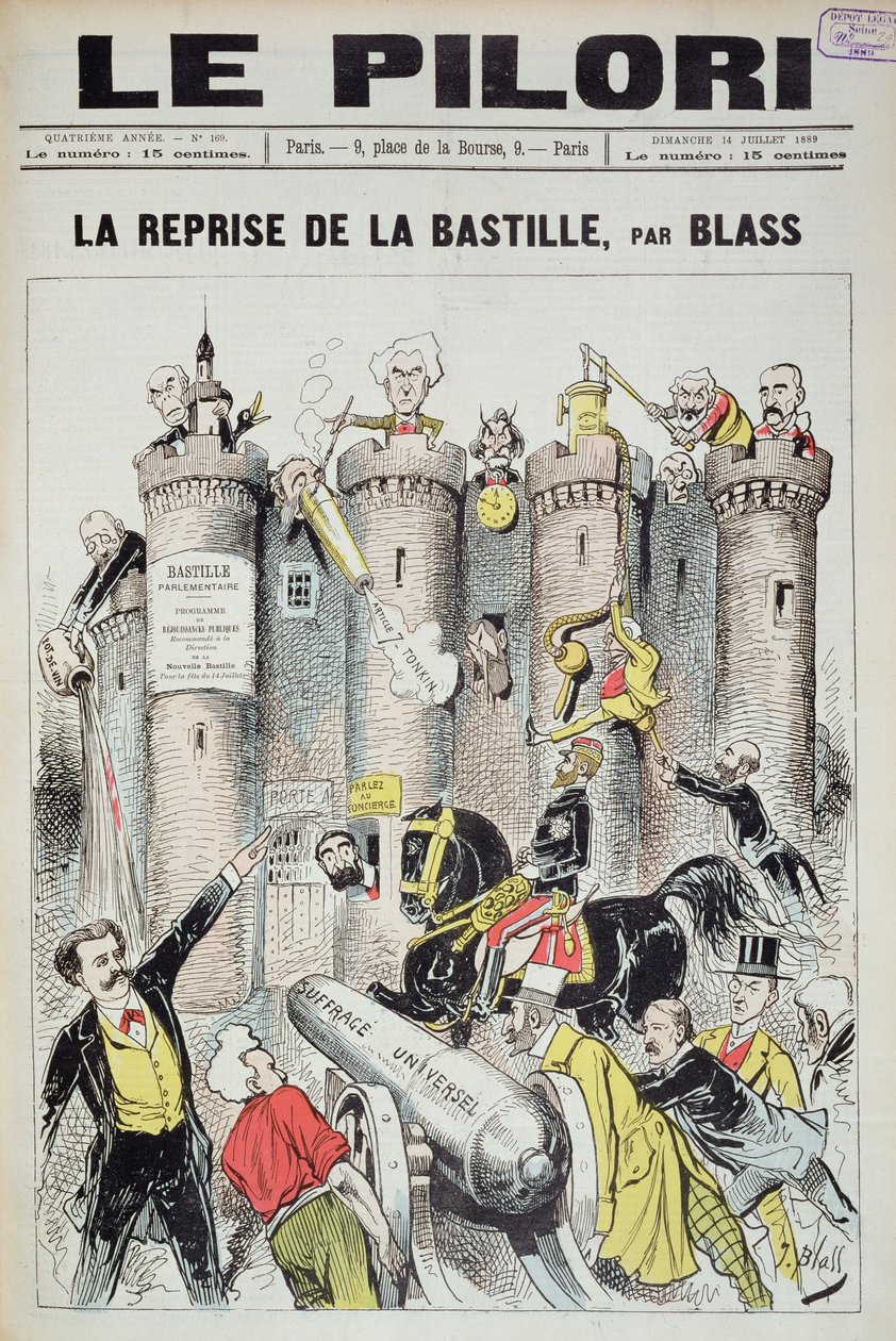 1889年7月14日、1889年のフランス選挙でのバスティーユ、風刺漫画の「撮影」、ブーランジェ将軍（1837-91）を描いた「ルピローリ」の表紙 作： J.ペール