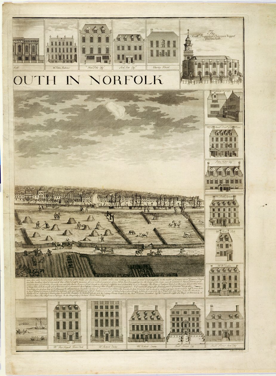 ジョン・ハリス（fl.1686-1740）によって刻まれた、ノーフォークのグレートヤーマスの町の西側の展望（241066、241067も参照） 作： J.コーブリッジ