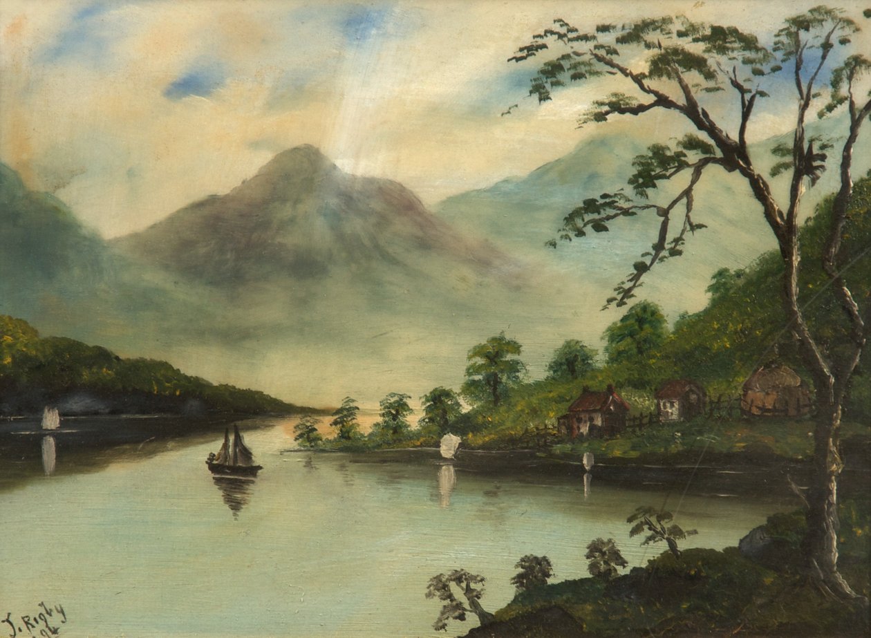 湖、山、セーリングボートのある風景、1894年（ガラスに油彩） 作： J・リグビー
