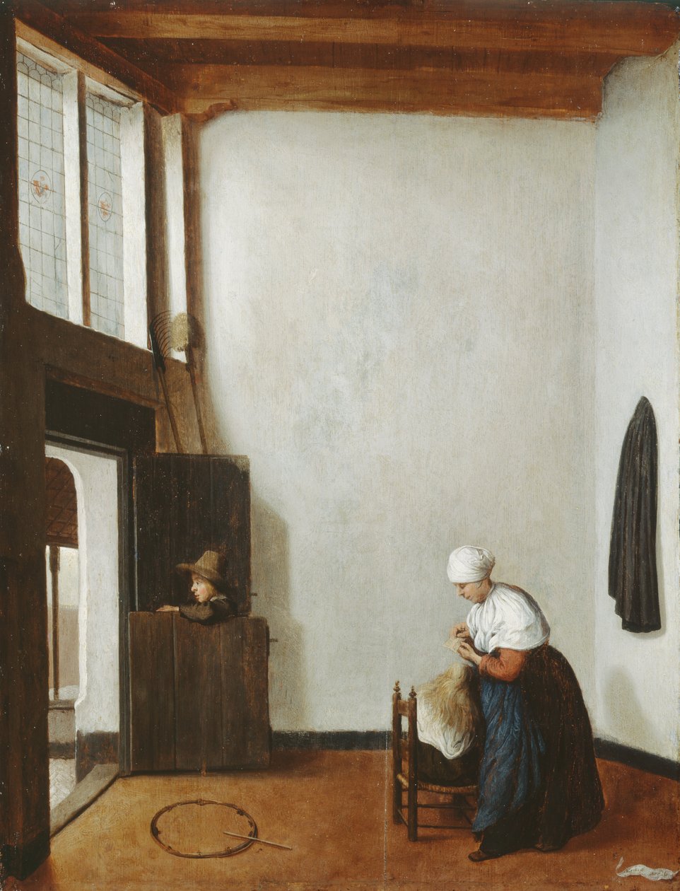 小さな女の子の髪をとかす女性のいるインテリア、1662年頃（オーク材のパネルに油彩） 作： Jacobus VrelまたはFrel