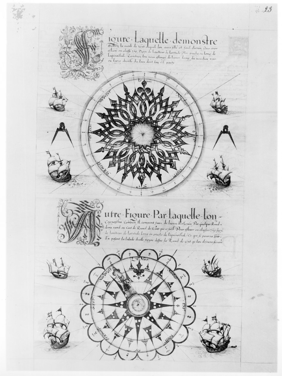 Ms Fr 150 fol.23rセクスタン、「Les Premieres Oeuvres de Jacques De Vaulx Pilote en la Marine」から、1583年（ペンとインク、紙で洗う） 作： ジャック・デヴォルクス