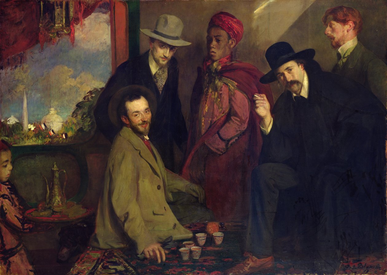 アンドレギデ（1869-1951）と彼の友人たち、1900年の万博博覧会のカフェモール 作： ジャック・エミール・ブランシュ