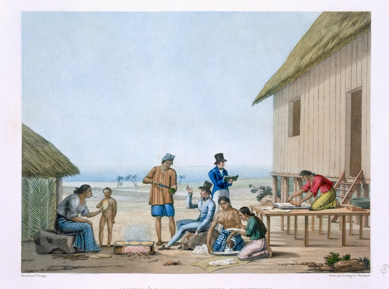 国内の職業、フィリピン、グアム、アガニア、ポメルによって刻まれた1822-24年に出版されたルイクロードデザルスドゥフレシネ（1779-1842）による「航海オートールデュモンド（1817-20）」から 作： ジャック・エティエンヌ・ビクター・アラゴ