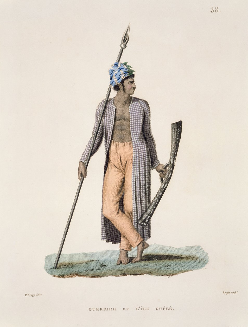 ロジャーによって刻まれたルイ・クロード・デザルス・ド・フレシネ（1779-1842）による1822年から2422年まで出版された「航海のオートールデュモンド（1817-20）」からのグエベ島の戦士 作： ジャック・エティエンヌ・ビクター・アラゴ