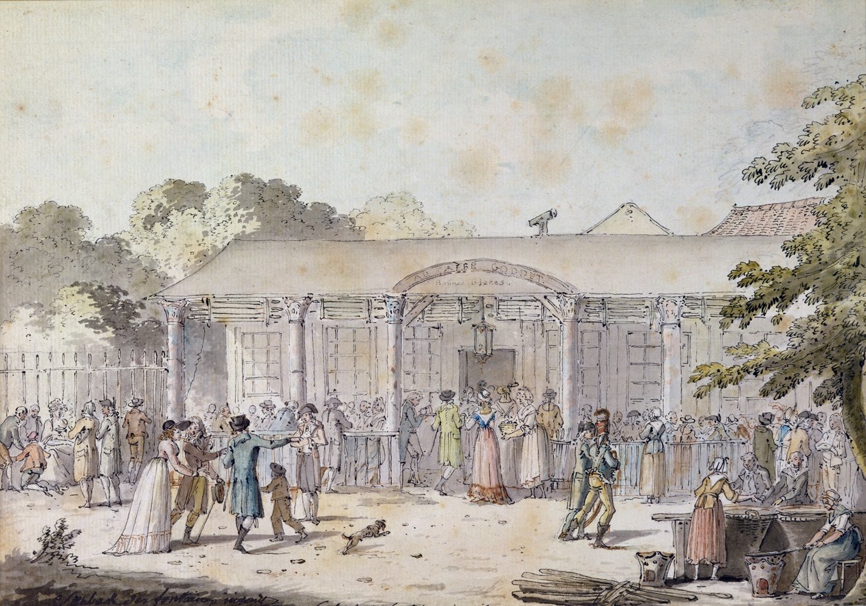 カフェゴッド、大通りの寺院、コンスラットの時代、1799〜1804年（ペンとインク、紙にトイレ） 作： ジャック・フランソワ・ジョセフ・スウェバッハ