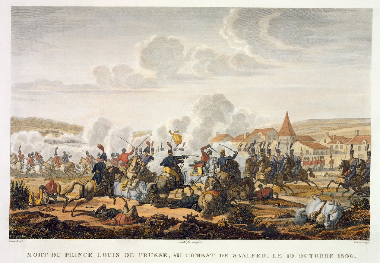 1806年10月10日、サールフェドの戦いでプロイセンのルートヴィヒ王子の死、ルイフランソワクーシュ（1782-1849）（アクアチント） 作： ジャック・フランソワ・ジョセフ・スウェバッハ