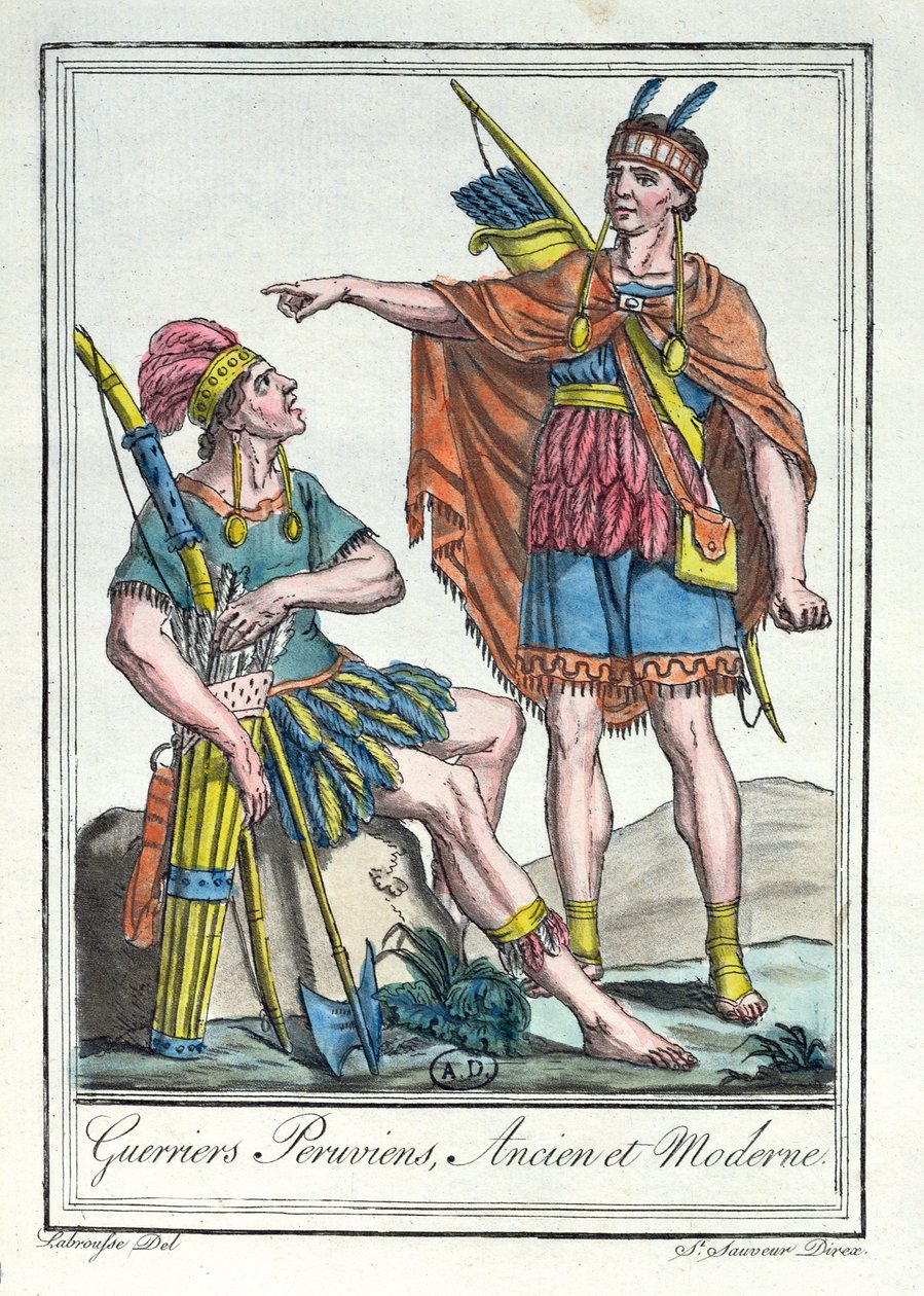 古代と現代のペルーの戦士、Labrousse、1796によって刻まれた「百科事典デボヤージュ」からの図 作： ジャック・グラッセ・ド・サンソヴール