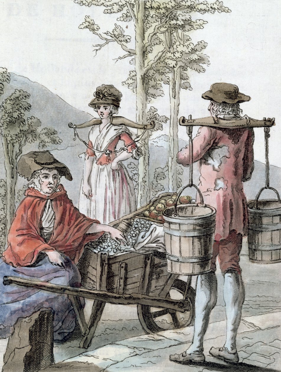 果物を販売し、牛乳を運ぶイギリスの農民、 &39;Encyclopedie des Voyages&39;のイラスト、Labrousse、1796年 作： ジャック・グラッセ・ド・サンソヴール