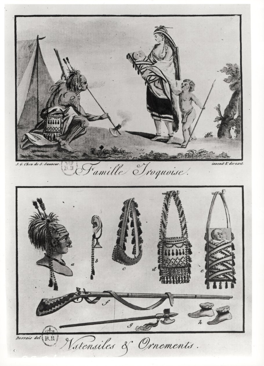 イロコイの家族、武器、装飾品。クロードルイデスライス（1746-1816）、1787年に彫刻された「タブローコスモグラフィクドラメリク」から 作： ジャック・グラッセ・ド・サンソヴール