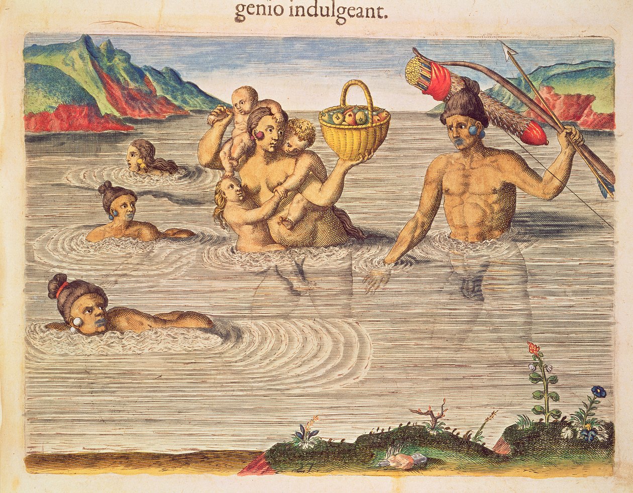 1591年フランクフルトで出版されたセオドア・ド・ブライ（1528-98）によって刻まれた「ブレビス・ナラティオ..」の川を渡る家族 作： ジャック・ル・モイン