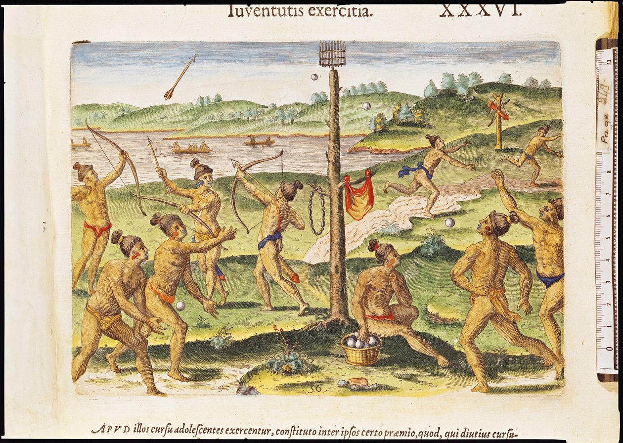 セオドア・ド・ブライ（1528-98）1591によって刻まれた「ブレビス・ナラティオ...」からのインディアンの戦争訓練 作： ジャック・ル・モイン