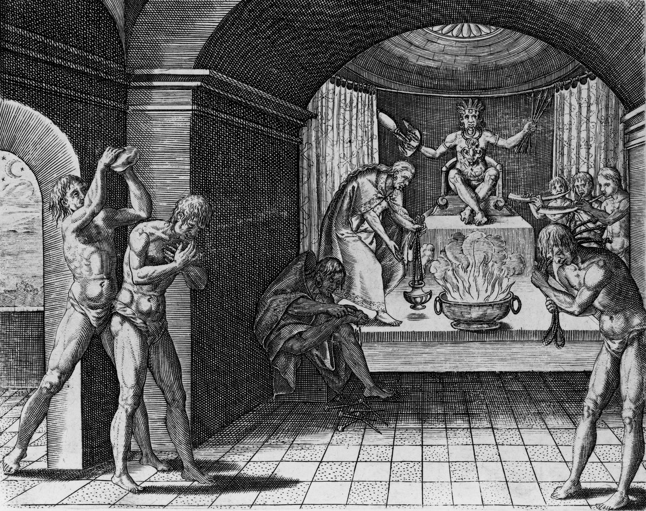 テオドール・ド・ブライ（1528-98）によって書かれ、刻まれた &39;Americae&39;、1602からのメキシコインディアンの宗教的礼拝 作： ジャック・ル・モイン