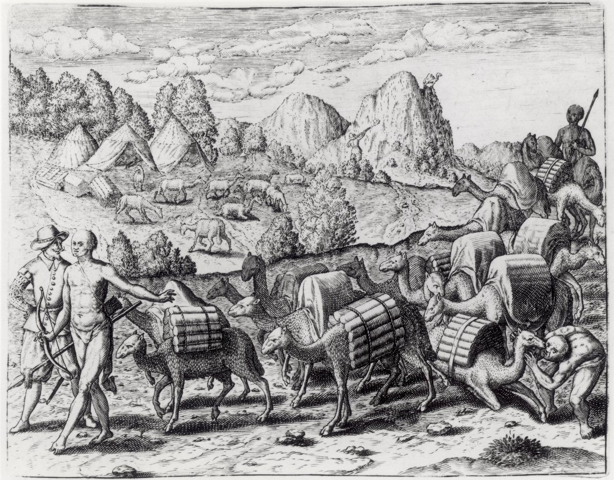 セオドア・ド・ブライ（1528-98）によって刻まれた、ペルーのポトシ鉱山からの銀を積んだラマの群れの列車、「アメリカ大陸」、1602年 作： ジャック・ル・モイン