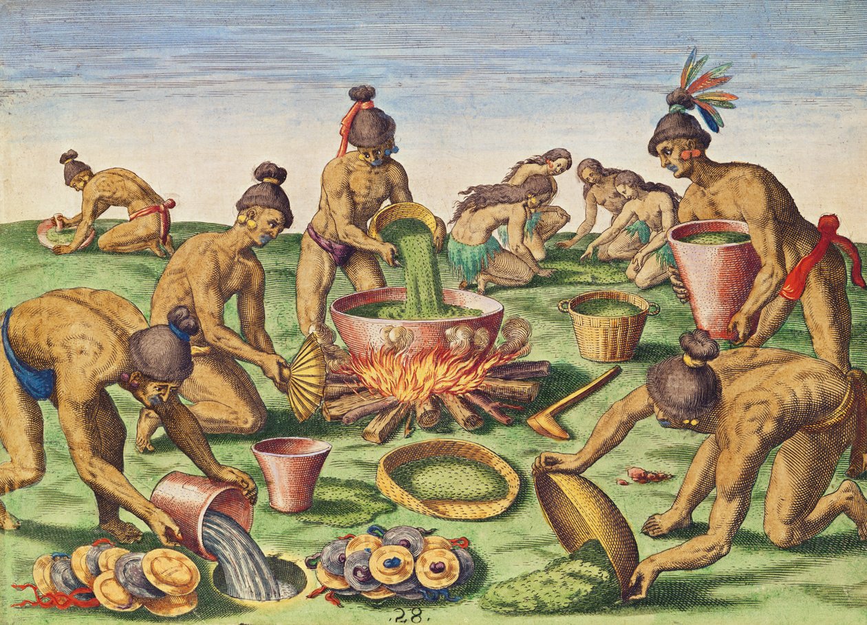 1591年フランクフルトで出版されたセオドア・ド・ブライ（1528-98）によって刻まれた「ブレビス・ナラティオ..」からのごちそうの準備 作： ジャック・ル・モイン