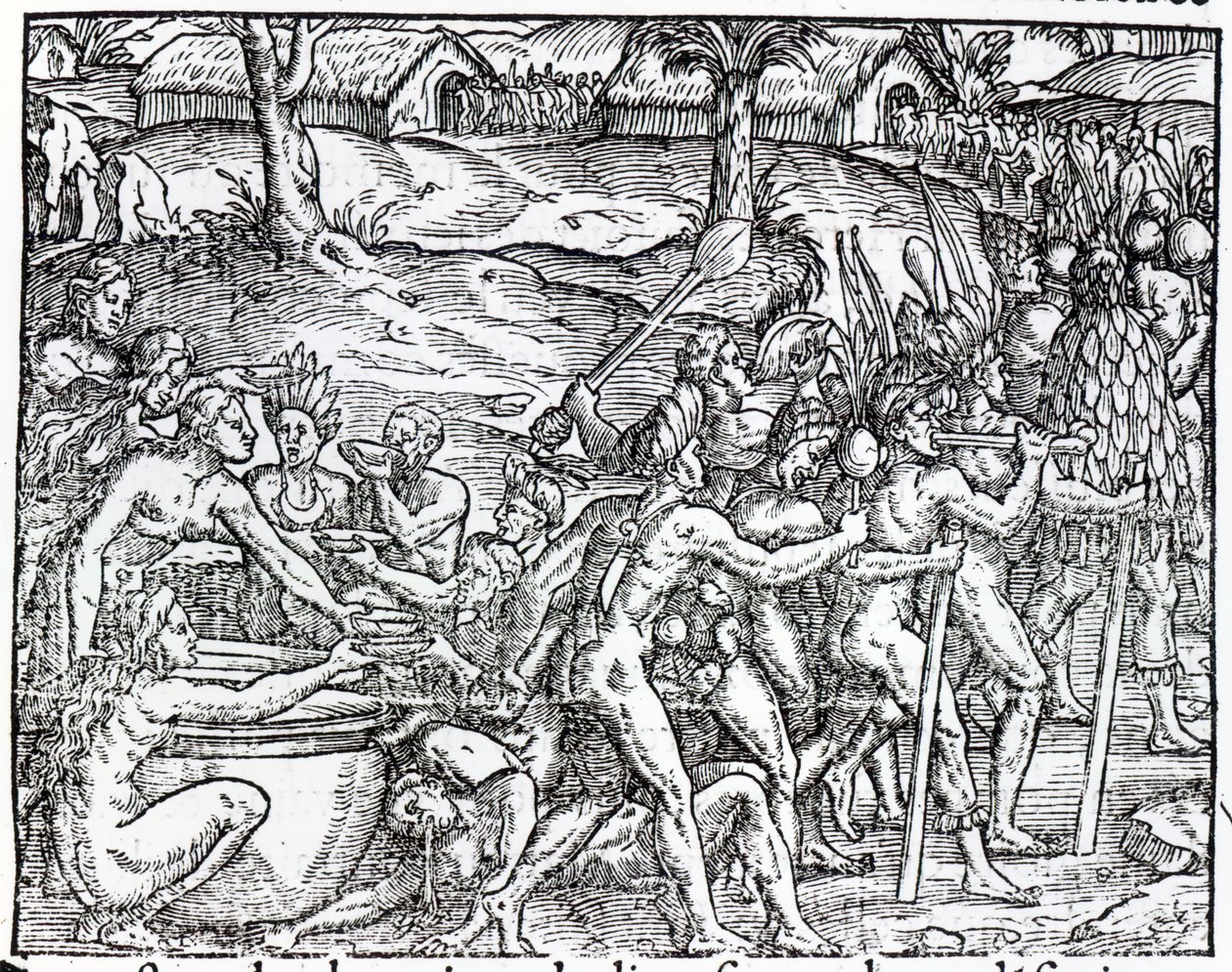 テオドール・ド・ブライ（1525-75）によって刻まれた先住民の飲酒と喫煙の行列 作： ジャック・ル・モイン