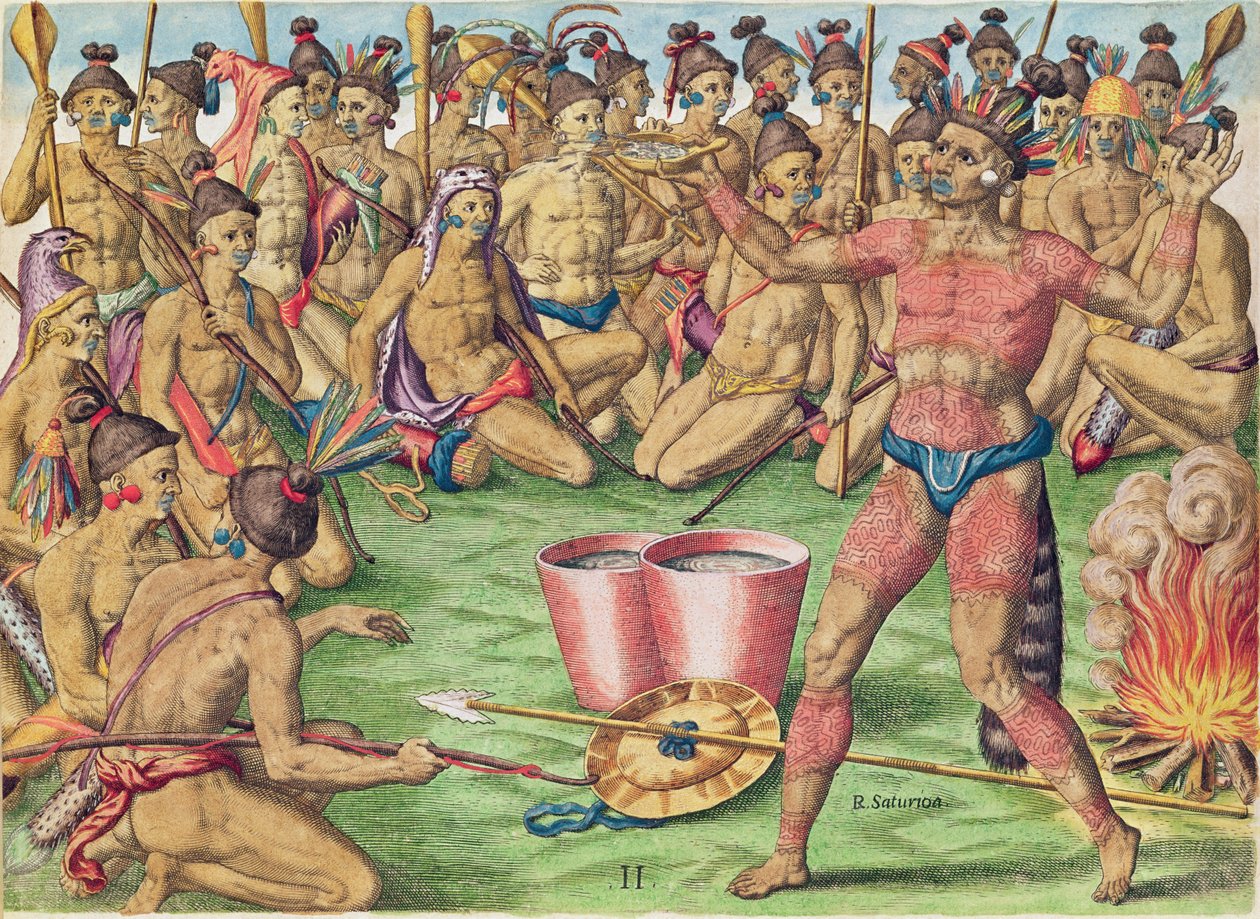 1591年フランクフルトで出版されたセオドア・ド・ブライ（1528-98）によって刻まれた「ブレビス・ナラティオ..」からのサトゥティオナの戦いの準備 作： ジャック・ル・モイン