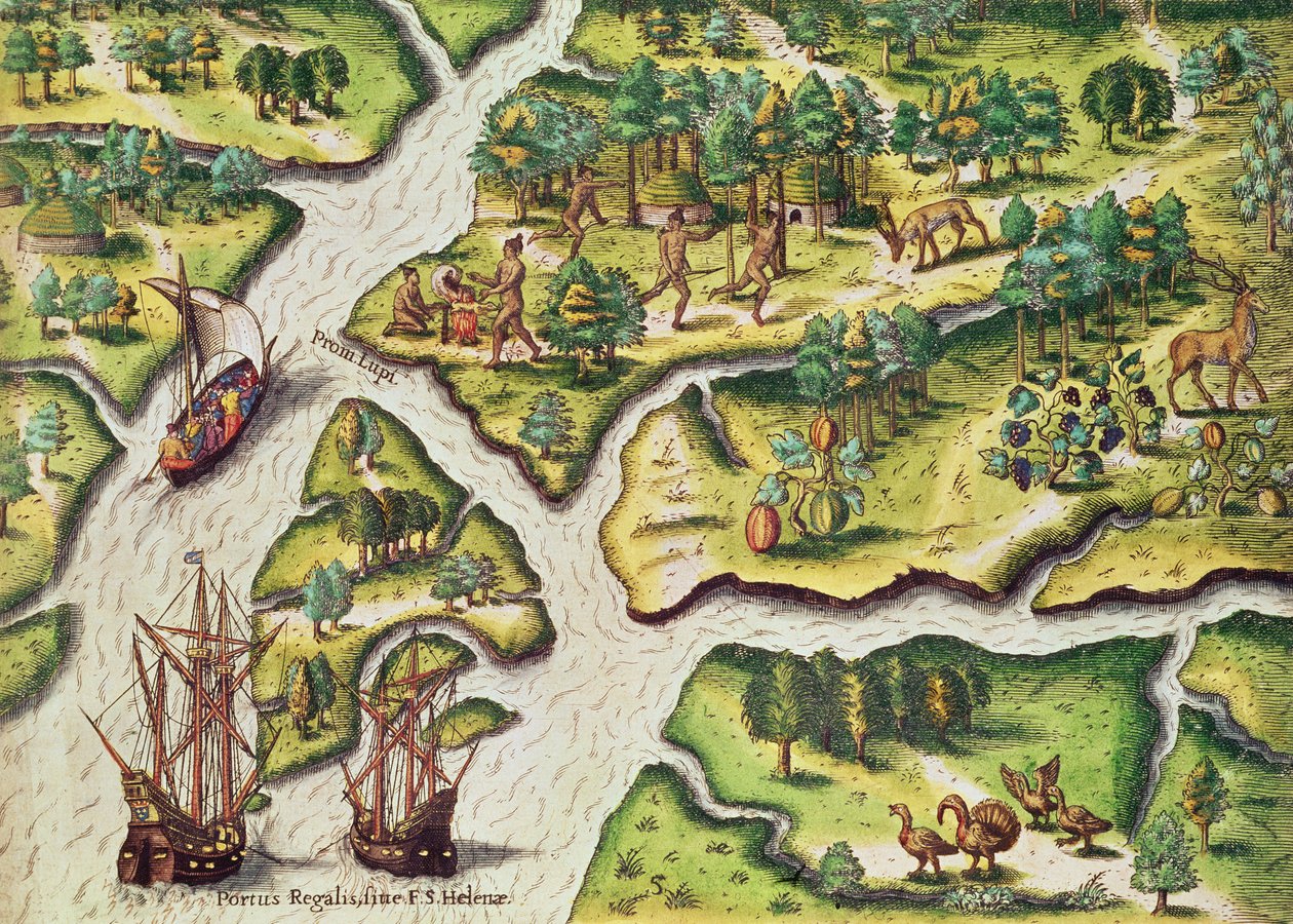 1591年フランクフルトで出版されたセオドアドブライ（1528-98）によって刻まれた「ブレビスナラティオ..」からフランス人がポートロイヤルに到着 作： ジャック・ル・モイン
