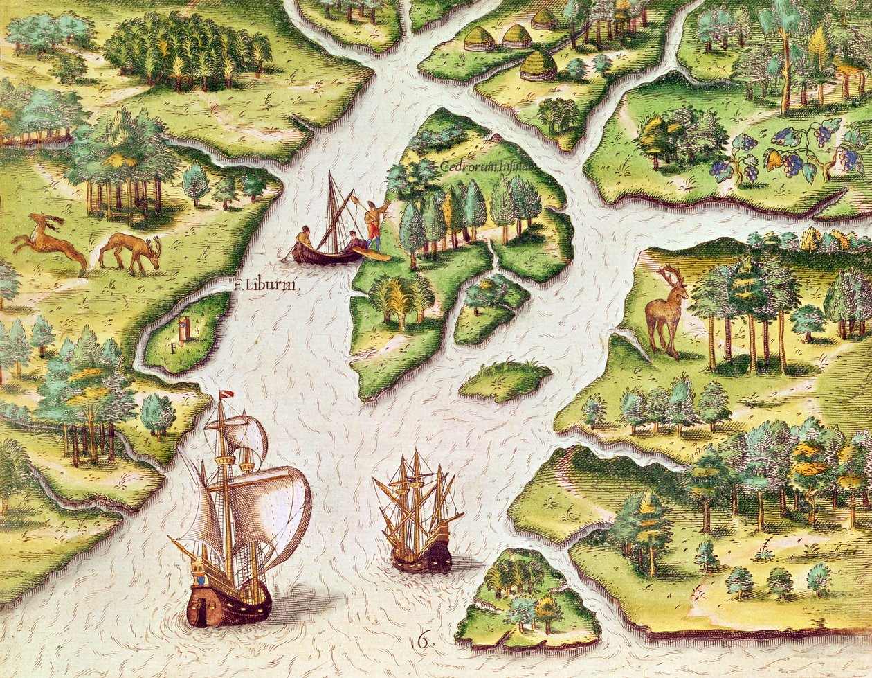 1591年フランクフルトで出版されたセオドア・ド・ブライ（1528-98）によって彫刻された「ブレビス・ナラティオ..」からのフランスの王室紋章付きの柱を建てたフランス人 作： ジャック・ル・モイン