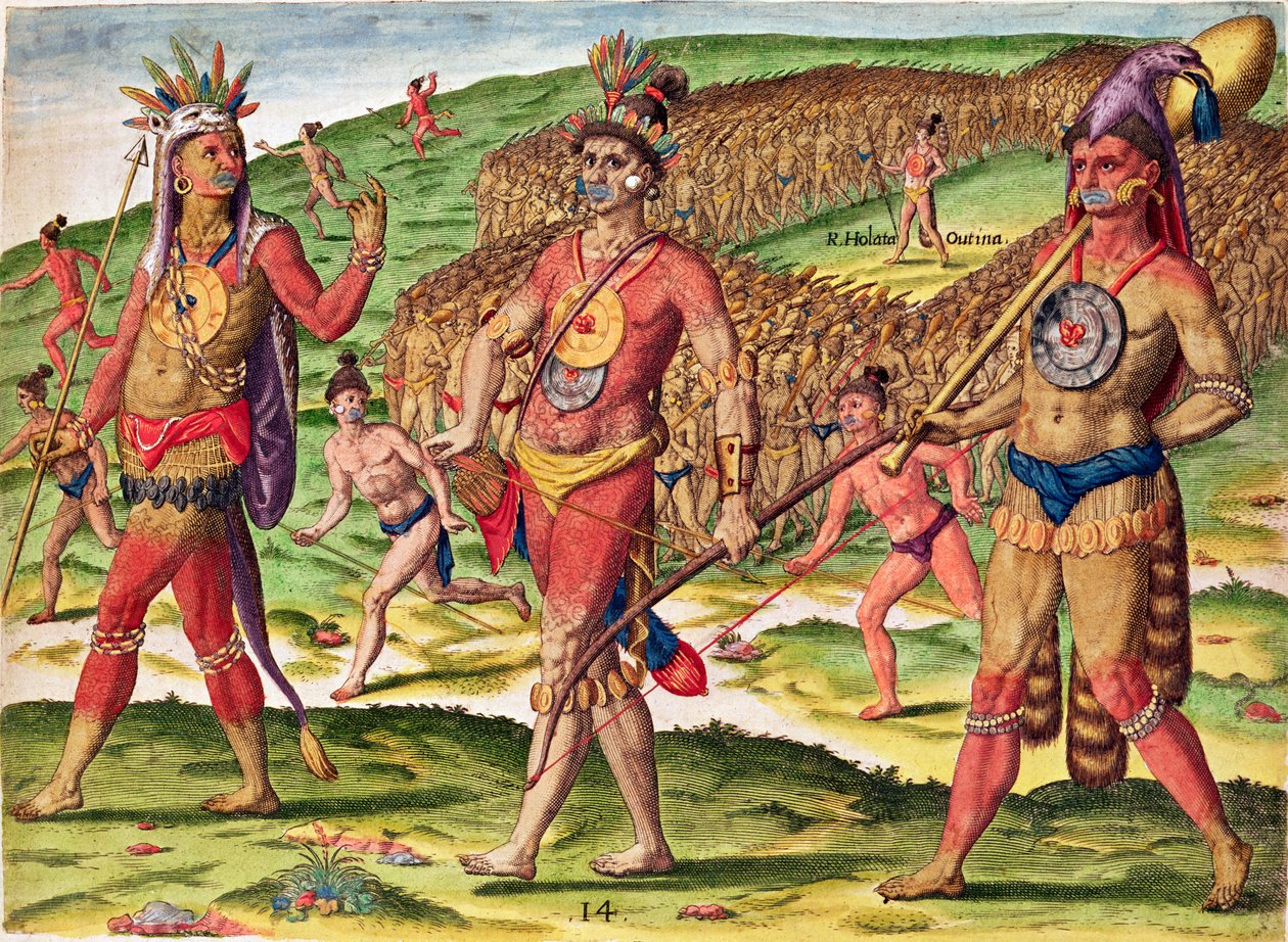 セオドア・ド・ブライ（1528-98）1563によって彫刻された「ブレビス・ナラティオ..」から、敵をバラバラに切り裂くために行進するアウティナの兵士 作： ジャック・ル・モイン