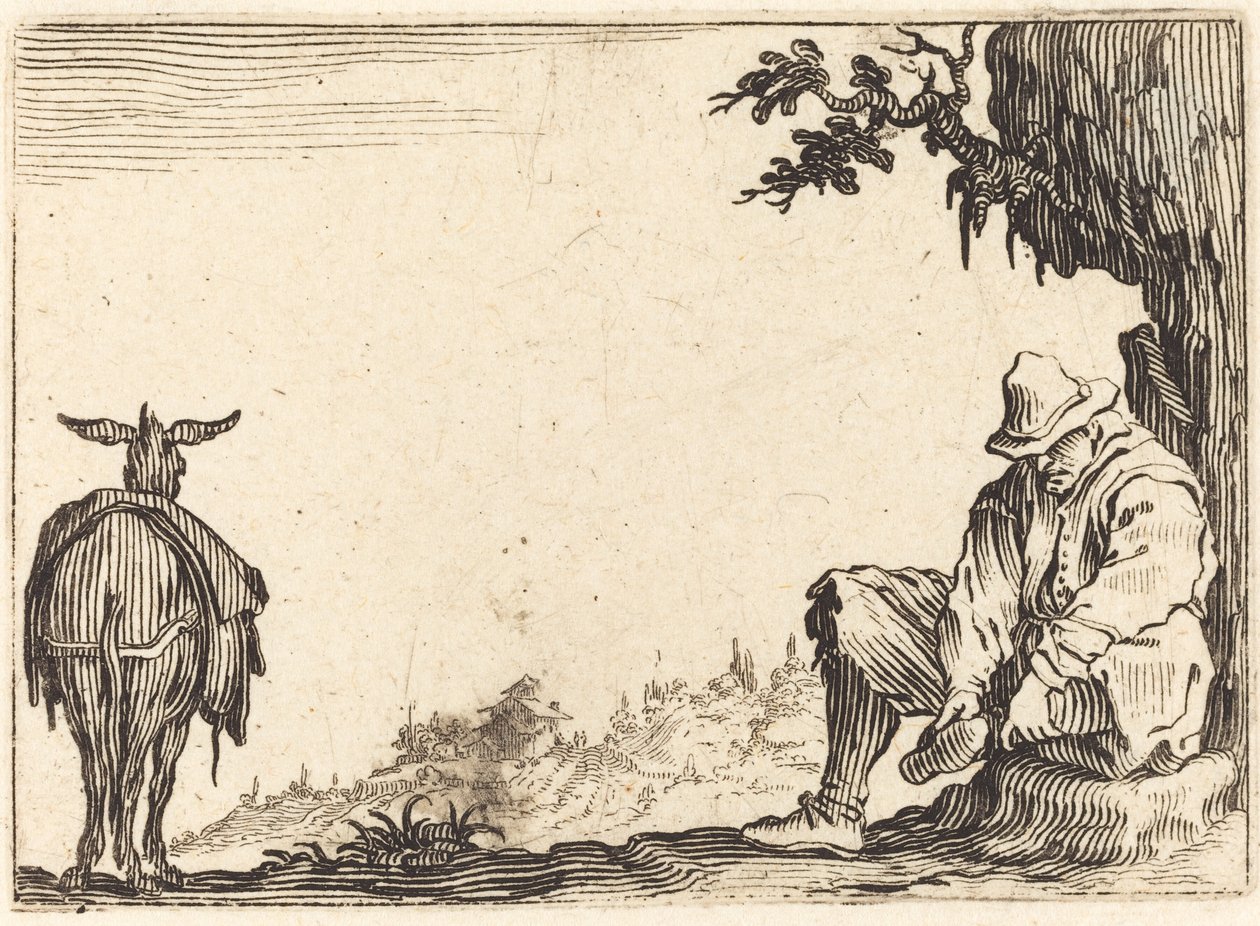 靴を脱ぐ農民、c。 1622年。 作： ジャック・カロ