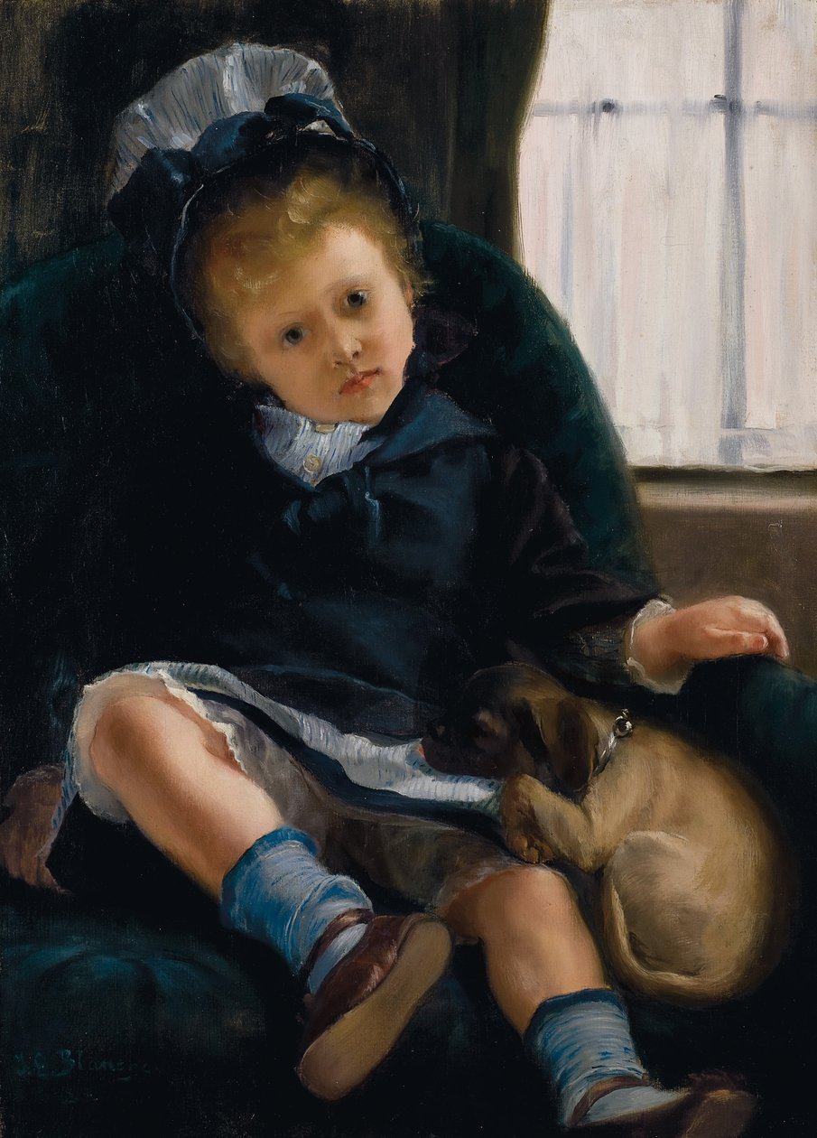 子犬を持つ少女、1882-1883年頃 作： ジャック・エミール・ブランシュ