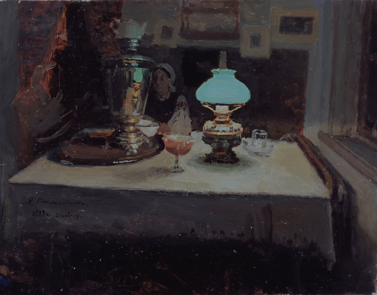 サモワールにて、1899年 作： Jakov Jakovlevich Kalinichenko