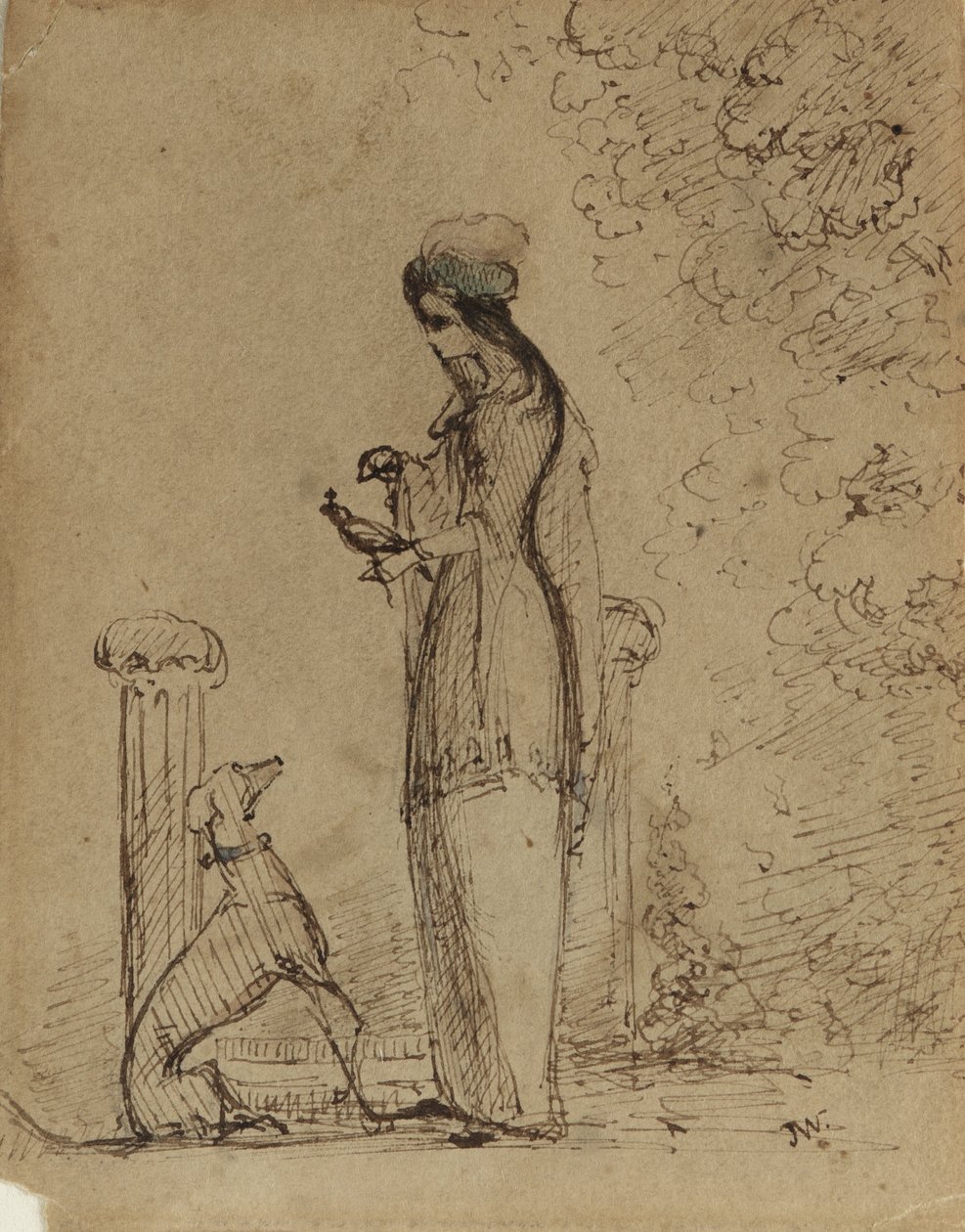 犬と鳥を持つ女性、c.1850-51（薄茶色の紙にペンとインク） 作： ジェームズ・アボット・マクニール・ウィスラー