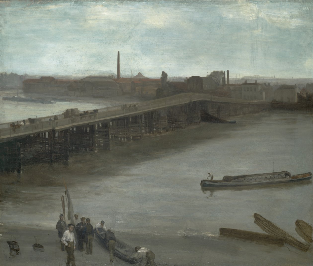 ブラウンとシルバー：1859〜1863年の古いバタシーブリッジ（キャンバスに油彩、石積みにマウント） 作： ジェームズ・アボット・マクニール・ウィスラー