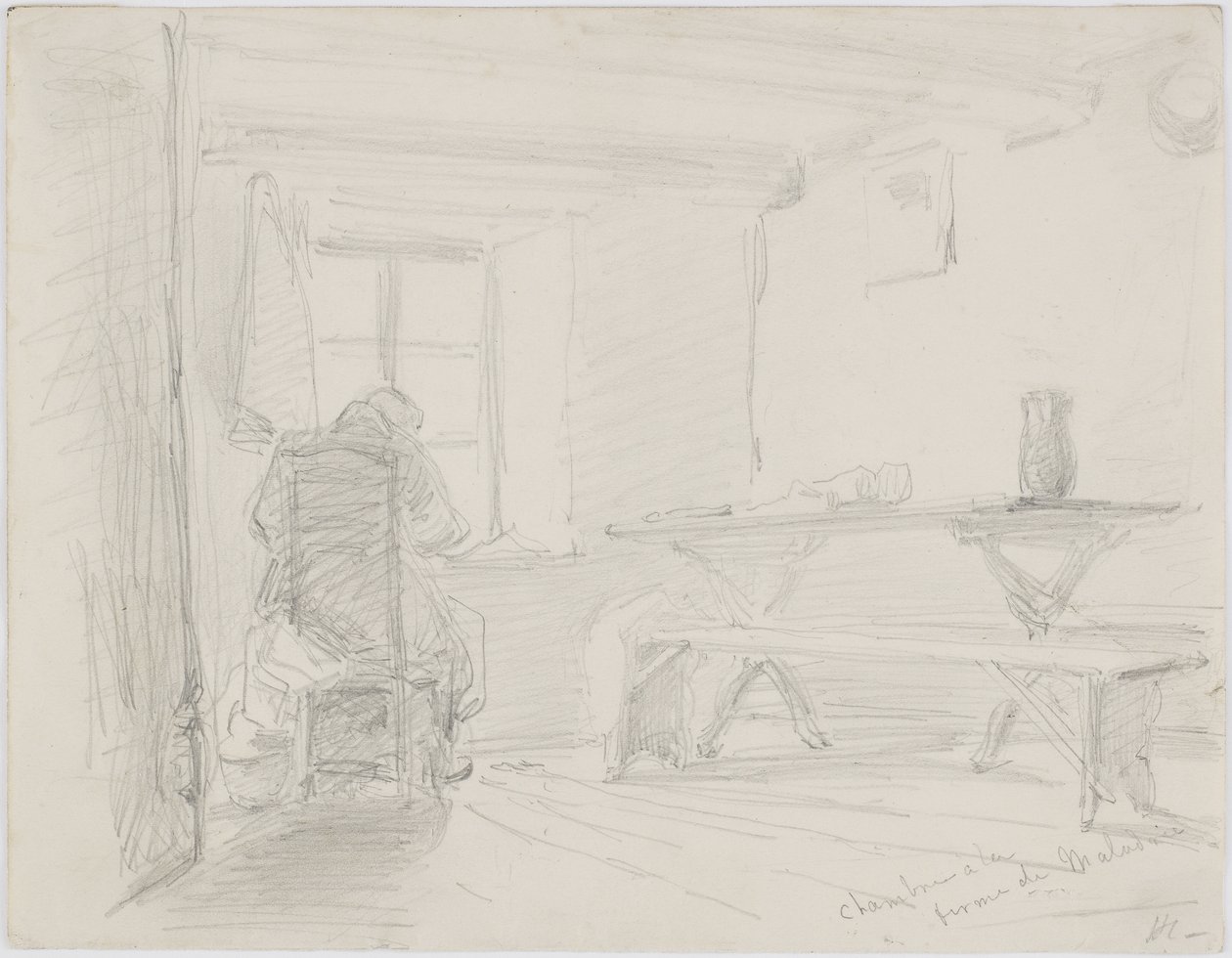 Chambre la Ferme de Maladrie、1861年頃（白い紙に鉛筆）。 作： ジェームズ・アボット・マクニール・ウィスラー