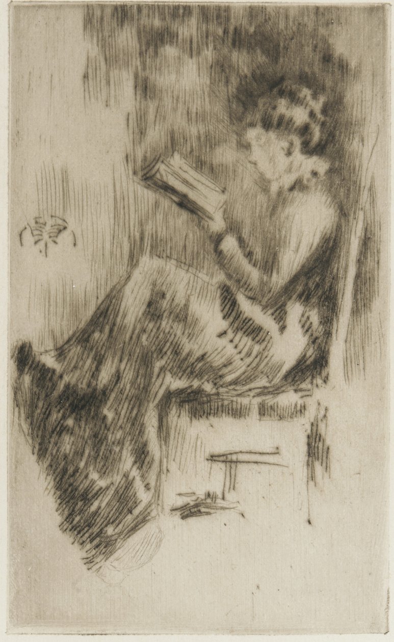 本を読む（おそらくリジー・ドーソン）c.1873（紙に乾点） 作： ジェームズ・アボット・マクニール・ウィスラー