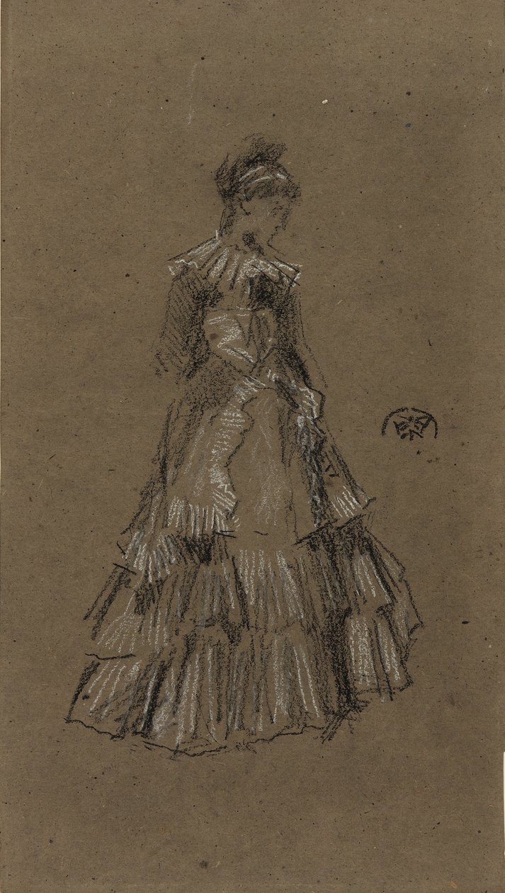 フラウンスドドレスの立っている女性、1873-75年頃（茶色の紙に黒と白のチョーク） 作： ジェームズ・アボット・マクニール・ウィスラー