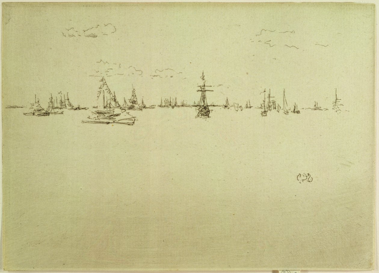 「海軍の見直し」と題された12のエッチングのセットからの砲塔船、1887 作： ジェームズ・アボット・マクニール・ウィスラー