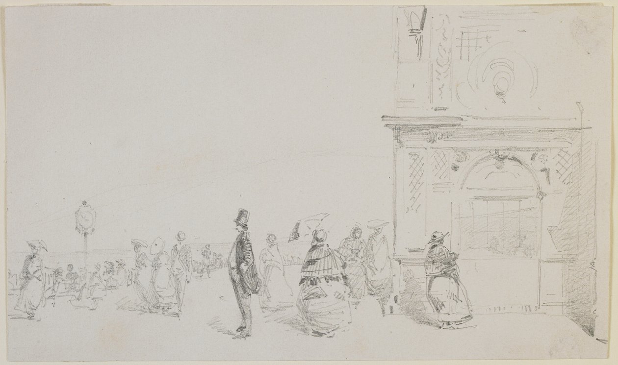 ディエップの遊歩道、1857年（オフホワイトの織り紙に鉛筆） 作： ジェームズ・アボット・マクニール・ウィスラー