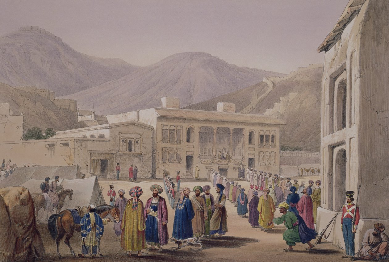 チャールズハゲ（1810-88）とルイハゲ（1806-85）によって刻まれた「アフガニスタンのスケッチ」からの、カウブルのシャーシュージャウールマルクのダルバールカネ（ヘンリーグレイブス発行、1842年） 作： ジェームズ・アトキンソン