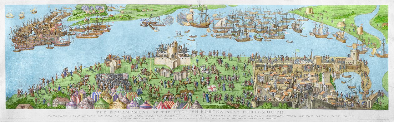 1778年のソレントの戦いの間のポーツマス近くのイギリス軍の野営地（彫刻）（後の着色） 作： ジェームズ・バジール