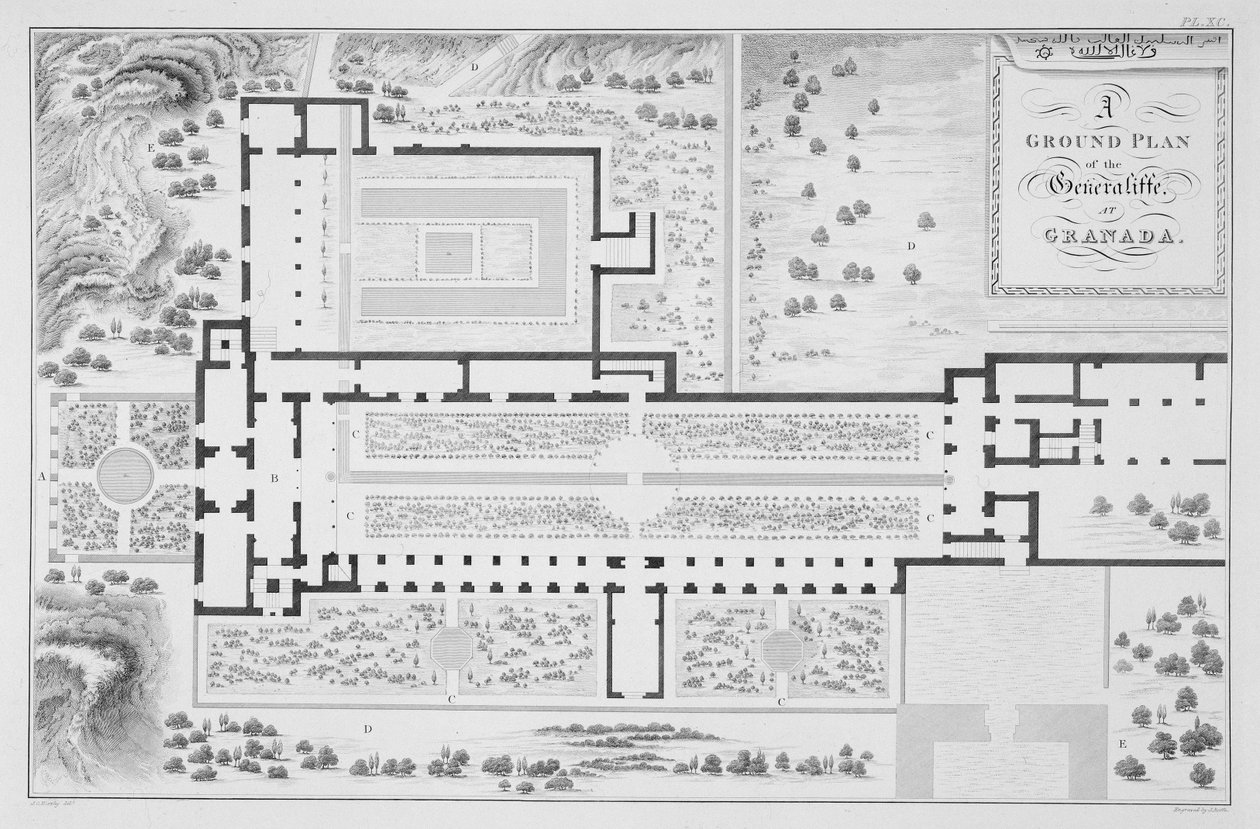 ジョンロフ（1769-1850）によって刻まれた「スペインのアラビア古代」からのグラナダのヘネラリフェの庭園の平面図、1815年公開 作： ジェームズ・カバナ・マーフィー
