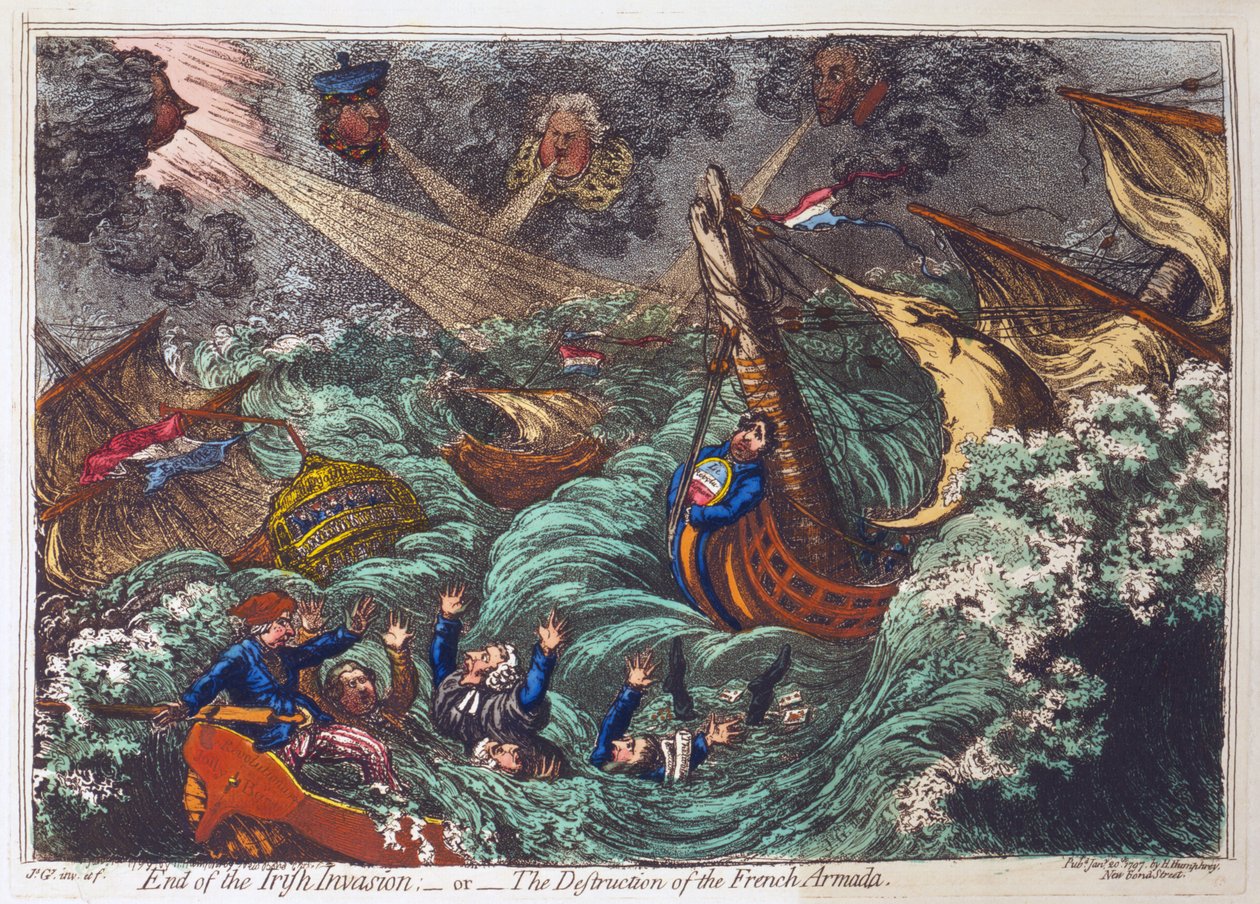 アイルランドの侵略の終わり、またはフランスの艦隊の破壊、パブ。ハンナハンフリー、1797年1月20日（手書きの彫刻） 作： ジェームズ・ギルレイ