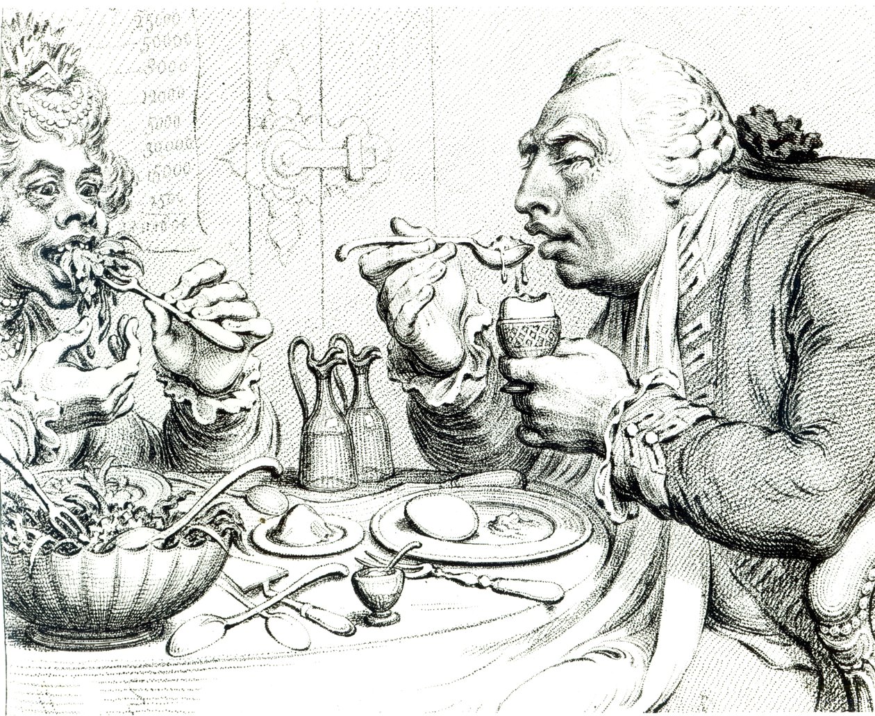 質素な食事を楽しむ禁酒、ジョージ3世とシャーロット女王の風刺画（bwプリント） 作： ジェームズ・ギルレイ