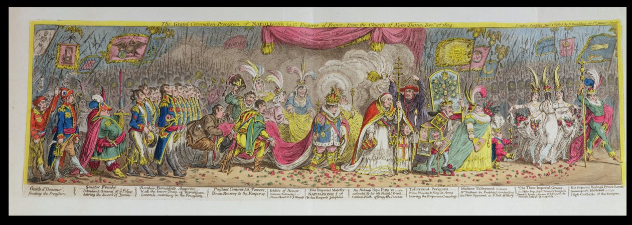 1804年12月2日、ノートルダム教会のフランス最初の皇帝ナポレオンの大戴冠式行列が1805年に発行（エッチング、彫刻、アクアチント） 作： ジェームズ・ギルレイ