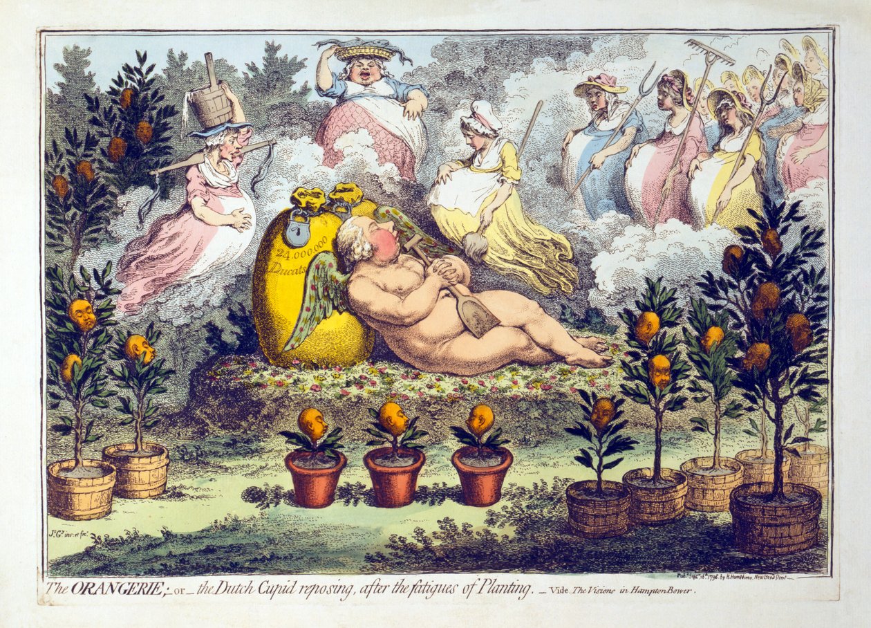 オランジェリー-または-植栽の疲れの後に休息するオランダのキューピッド、1796年公開（手塗りの彫刻） 作： ジェームズ・ギルレイ