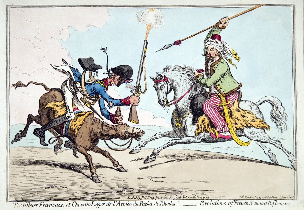 1799年にハンナハンフリーから出版されたフランスのマウントライフルマンのティレリアフランセエシュヴァウレジェドゥラルミーデュパチャデロードスまたは進化版（手描きのエッチング） 作： ジェームズ・ギルレイ