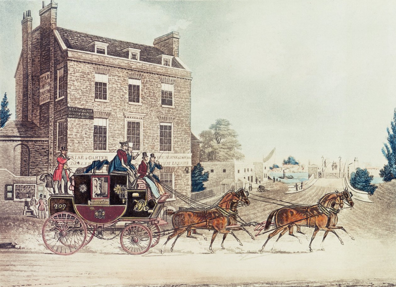 1835年にキューブリッジでスターアンドガーターを通過するクイックシルバーロイヤルメール 作： ジェームズ・ポラード