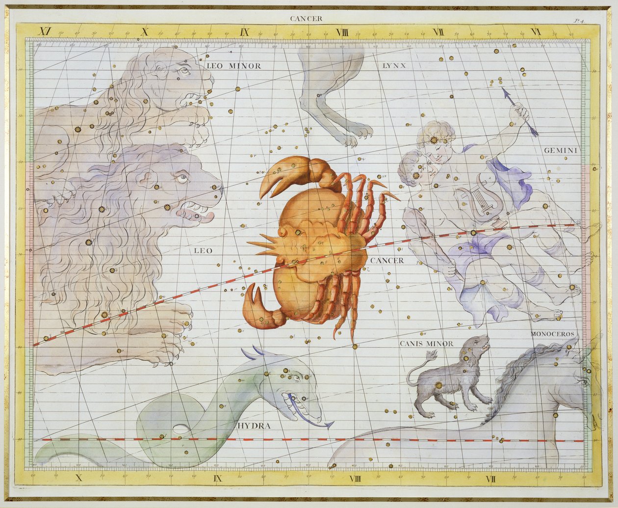 がんの星座、「アトラスCoelestis」からのプレート4、ジョンフラムスティード（1646-1710）、1729年に出版（手彩色の彫刻） 作： ジェームス・ソーンヒル