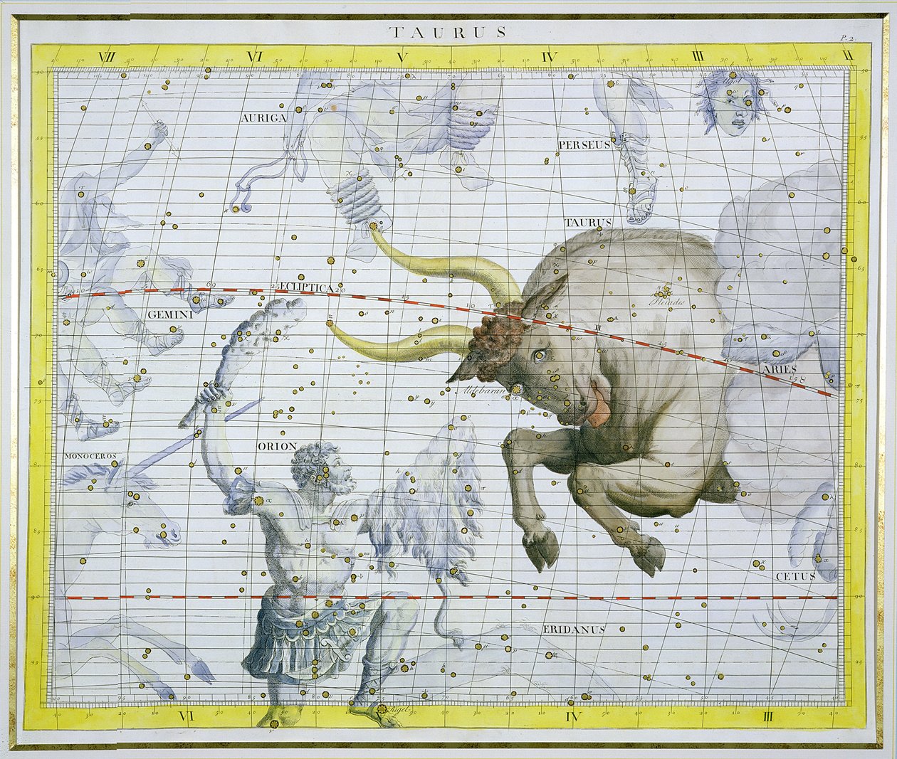 おうし座の星座、「Atlas Coelestis」のプレート2、ジョンフラムスティード（1646-1710）、1729年に出版（手描きの彫刻） 作： ジェームス・ソーンヒル
