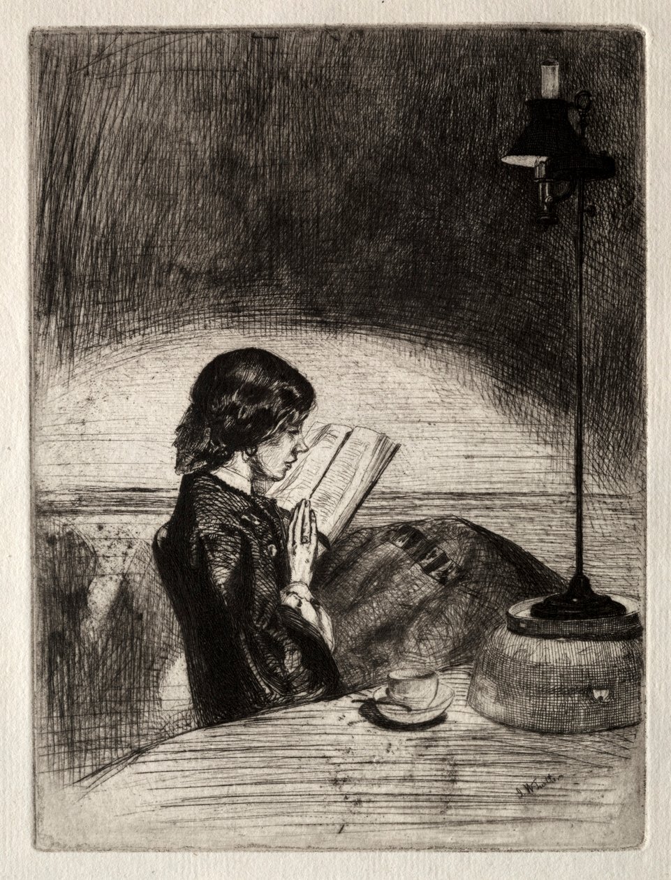 ランプライトによる読書、1859年。 作： ジェームズ・アボット・マクニール・ウィスラー