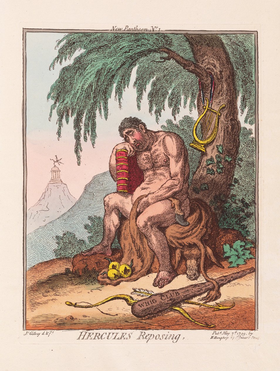 Hercules Reposing、パブ。 1799年（手彩色彫刻） 作： ジェームズ・ギルレイ